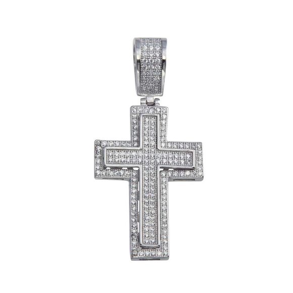 Silver 925 Rhodium Plated CZ Cross Bordered Hip Hop Pendant